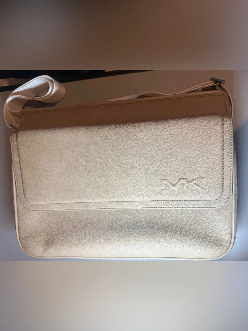 Michael Kors Cream Leather Messenger Bag with Embossed MK
